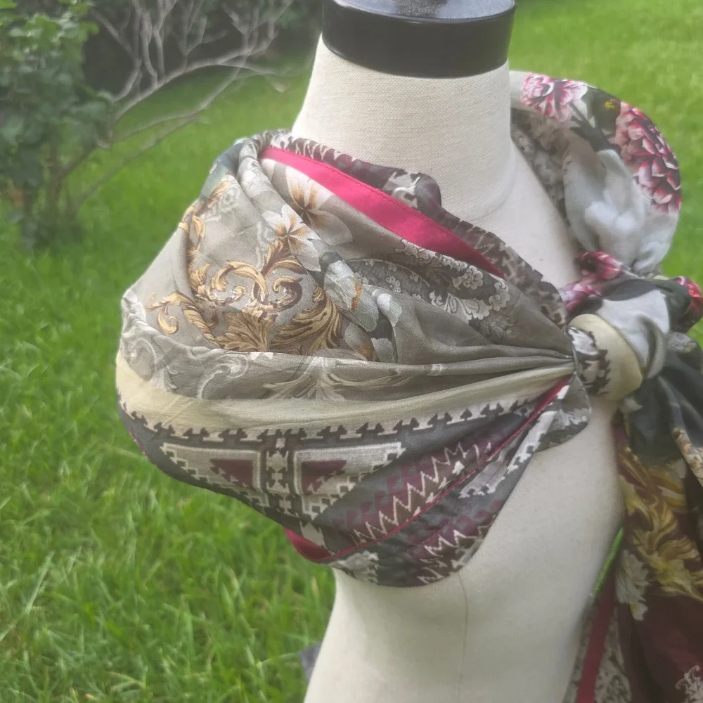 Floral Baroque Print Scarf Olive Burgundy Gold Lightweight Wrap Shawl